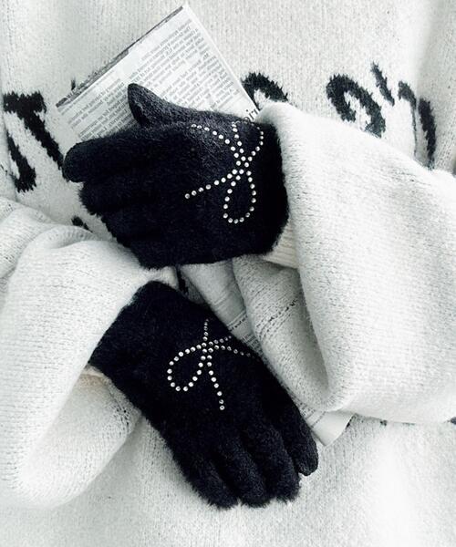 WEGO（ウィゴー）の「WEGO/リボンラインストーングローブ（手袋・レディース・サックスブルー/ライトピンク/ブラック・FREE）」の2枚目の写真