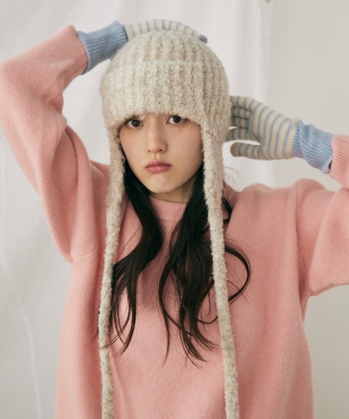 MERLOT（メルロー）の「ミックスニットフライトキャップ（ニットキャップ/ビーニー・レディース・ブラウン/アイボリー・FREE）」の4枚目の写真