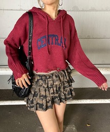 ロゴパーカープルオーバーショート丈ニットトップス
