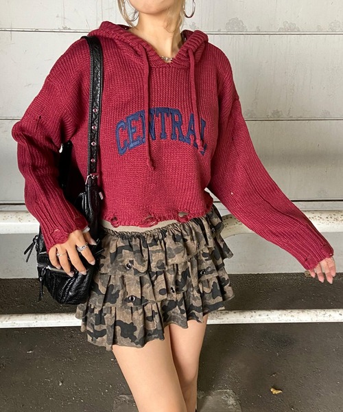 non-hedge(ノンヘッジ)の「ロゴパーカープルオーバーショート丈ニットトップス(ニット/セーター・レディース・オフホワイト/ワインレッド/チャコールグレー/ネイビー・FREE)」の4枚目の写真