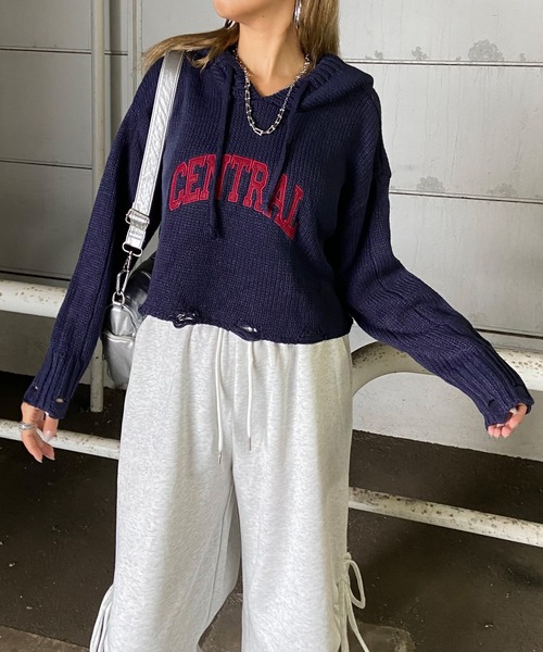 non-hedge(ノンヘッジ)の「ロゴパーカープルオーバーショート丈ニットトップス(ニット/セーター・レディース・オフホワイト/ワインレッド/チャコールグレー/ネイビー・FREE)」の10枚目の写真