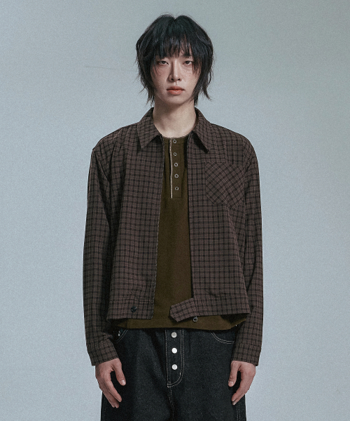 MOO(エムオーオー)の「クロップチェックシャツジャケット - ブラウン(シャツ/ブラウス・メンズ・ブラウン・MEDIUM/LARGE)」の1枚目の写真