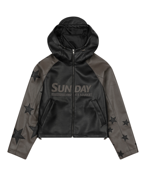 W) STAR FAUX LEATHER JACKET BLACK