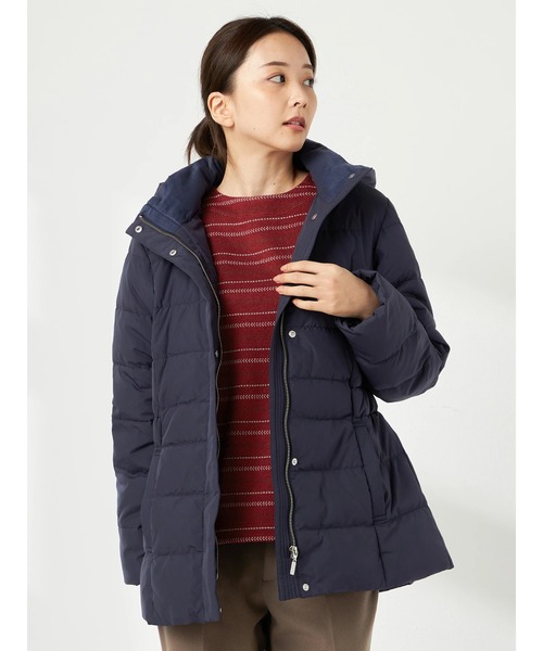 ダークグレーネイビー フード付きダウンジャケット 膝丈 ミドル NAVY（ネイビー）の「フード付きウールライクダウンジャケット（ダウン