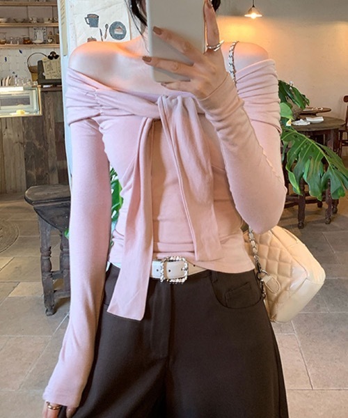 セール】オフショルフロントリボントップス（Tシャツ/カットソー