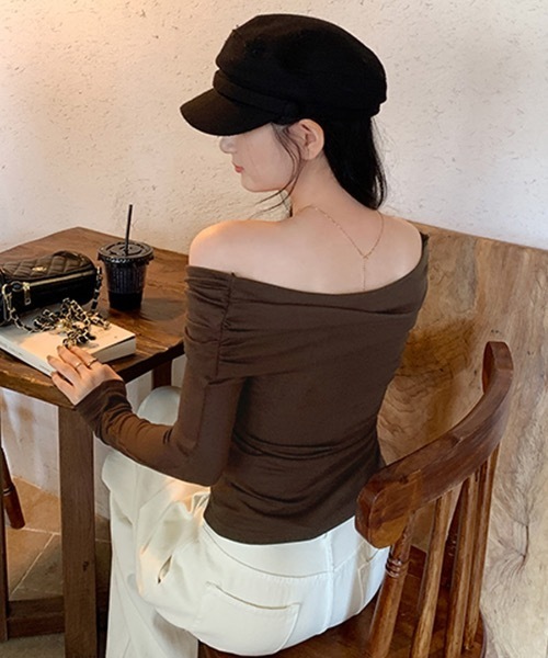 Riff(リフ)の「オフショルフロントリボントップス(Tシャツ/カットソー・レディース・ブラウン/ピンク/ベージュ・FREE)」の8枚目の写真