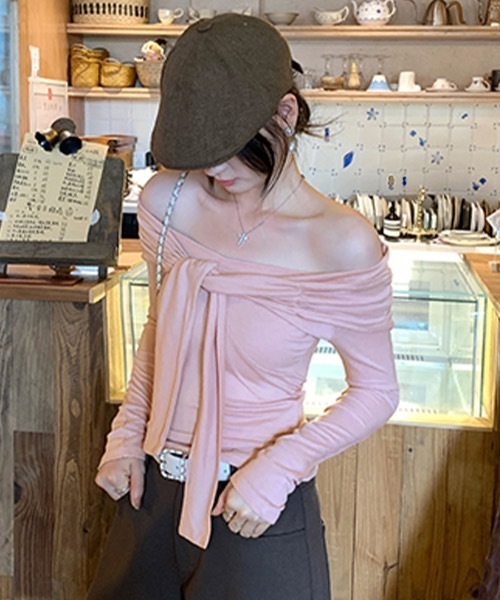 セール】オフショルフロントリボントップス（Tシャツ/カットソー