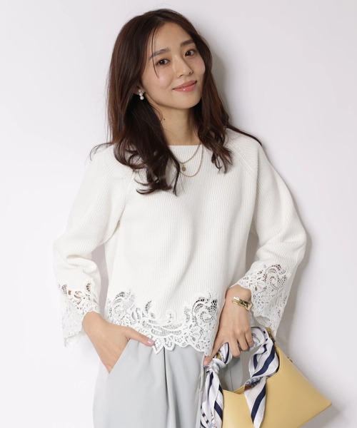 JUSGLITTY(ジャスグリッティー)の「レースヘムニット(ニット/セーター・レディース・ライトブルー/ホワイト/ネイビー・2)」の5枚目の写真