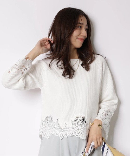 JUSGLITTY(ジャスグリッティー)の「レースヘムニット(ニット/セーター・レディース・ライトブルー/ホワイト/ネイビー・2)」の8枚目の写真