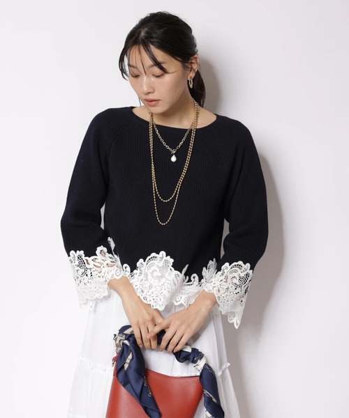 JUSGLITTY(ジャスグリッティー)の「レースヘムニット(ニット/セーター・レディース・ライトブルー/ホワイト/ネイビー・2)」の14枚目の写真