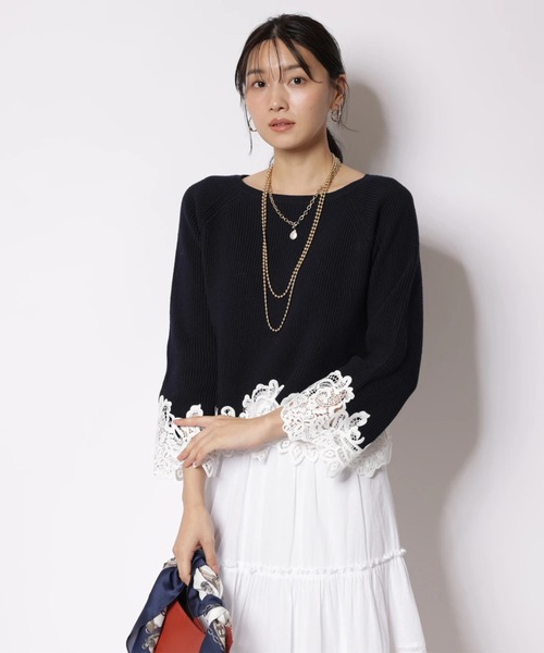 JUSGLITTY(ジャスグリッティー)の「レースヘムニット(ニット/セーター・レディース・ライトブルー/ホワイト/ネイビー・2)」の15枚目の写真