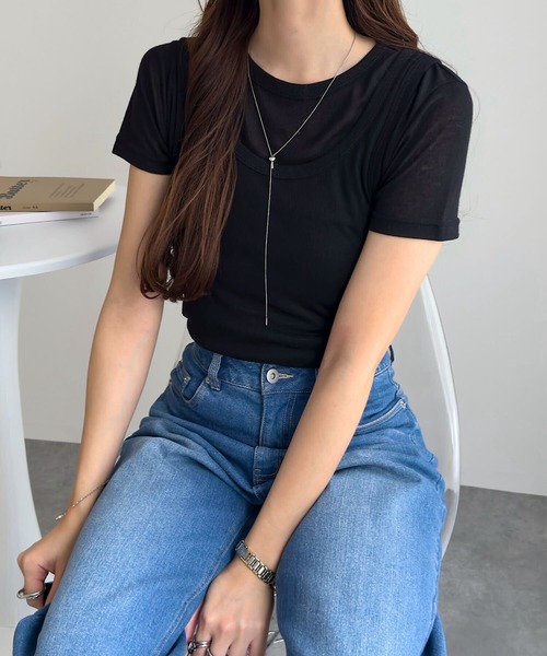 KOBE LETTUCE(コウベレタス)の「シアーカットソータンクトップ×半袖トップスセット(Tシャツ/カットソー・レディース・モカ/ピンク/オフホワイト/グレー/ブラック・M)」の9枚目の写真