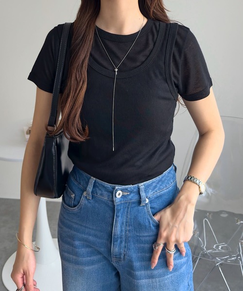 KOBE LETTUCE(コウベレタス)の「シアーカットソータンクトップ×半袖トップスセット(Tシャツ/カットソー・レディース・モカ/ピンク/オフホワイト/グレー/ブラック・M)」の10枚目の写真