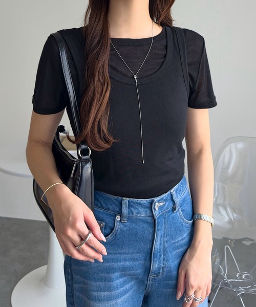 KOBE LETTUCE(コウベレタス)の「シアーカットソータンクトップ×半袖トップスセット(Tシャツ/カットソー・レディース・モカ/ピンク/オフホワイト/グレー/ブラック・M)」の11枚目の写真