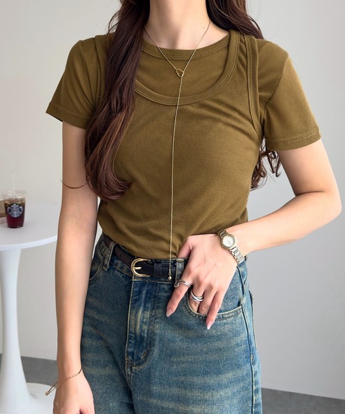 KOBE LETTUCE(コウベレタス)の「シアーカットソータンクトップ×半袖トップスセット(Tシャツ/カットソー・レディース・モカ/ピンク/オフホワイト/グレー/ブラック・M)」の16枚目の写真
