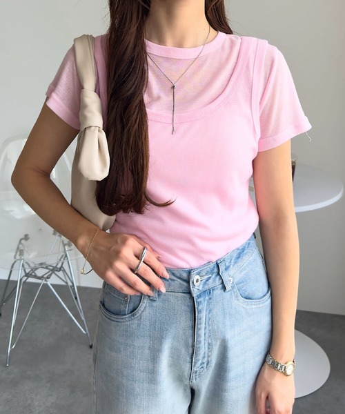 KOBE LETTUCE(コウベレタス)の「シアーカットソータンクトップ×半袖トップスセット(Tシャツ/カットソー・レディース・モカ/ピンク/オフホワイト/グレー/ブラック・M)」の18枚目の写真