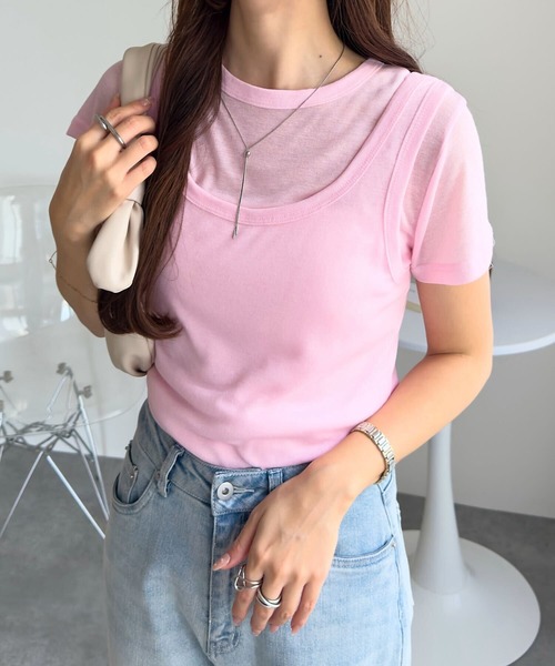 KOBE LETTUCE(コウベレタス)の「シアーカットソータンクトップ×半袖トップスセット(Tシャツ/カットソー・レディース・モカ/ピンク/オフホワイト/グレー/ブラック・M)」の19枚目の写真