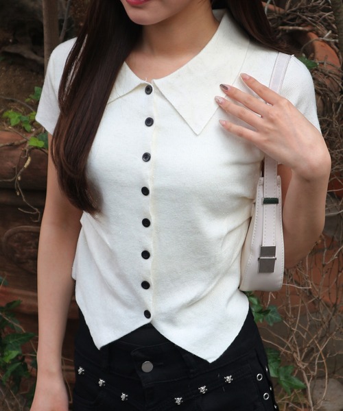 tinkerend(ティンカーエンド)の「Glitter Polo Collar Knit / ラメポロカラーニット(ポロシャツ・レディース・ブラック/アイボリー/グレー/ベージュ・FREE)」の5枚目の写真