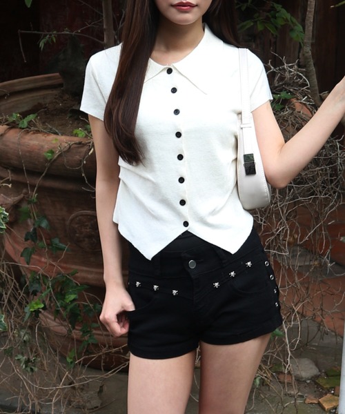 tinkerend(ティンカーエンド)の「Glitter Polo Collar Knit / ラメポロカラーニット(ポロシャツ・レディース・ブラック/アイボリー/グレー/ベージュ・FREE)」の6枚目の写真