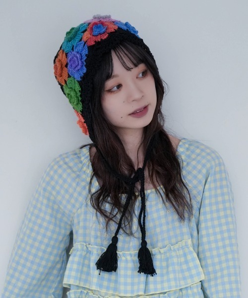 polcadot（ポルカドット）の「フラワーレース鍵あみボンネット（ニットキャップ/ビーニー・レディース・アイボリー/ブラック・FREE）」の9枚目の写真
