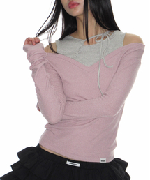 CRANK | ストライプレイヤードVネックニット_ピンク(Tシャツ/カットソー)