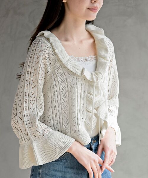 rps(アールピーエス)の「透かし編みフリルショートカーディガン(カーディガン/ボレロ・レディース・ブラック/オフホワイト/ピンクベージュ・フリー)」の2枚目の写真