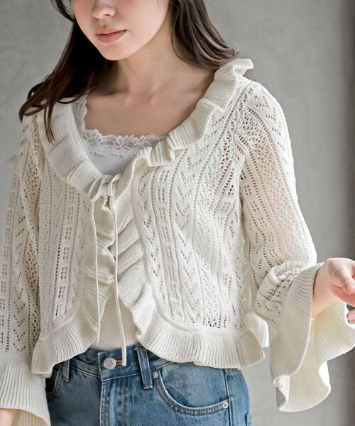 rps(アールピーエス)の「透かし編みフリルショートカーディガン(カーディガン/ボレロ・レディース・ブラック/オフホワイト/ピンクベージュ・フリー)」の8枚目の写真