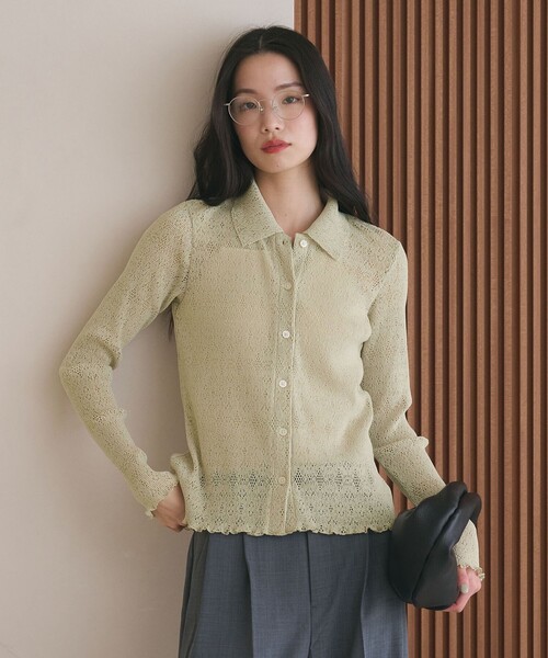 BEAUTY&YOUTH UNITED ARROWS(ビューティーアンドユースユナイテッドアローズ)の「レースプリーツ シャツカーディガン ウォッシャブル(カーディガン/ボレロ・レディース・オフホワイト/ブラック/ライム・FREE)」の4枚目の写真