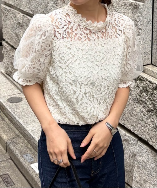 RANAN(ラナン)の「チュールドッキングフラワーレース半袖ブラウス(シャツ/ブラウス・レディース・ブラック/アイボリー・3L/LL/L/M)」の6枚目の写真