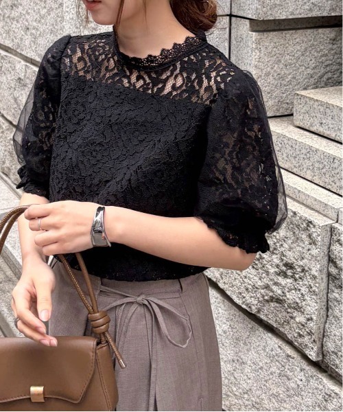 RANAN(ラナン)の「チュールドッキングフラワーレース半袖ブラウス(シャツ/ブラウス・レディース・ブラック/アイボリー・3L/LL/L/M)」の14枚目の写真
