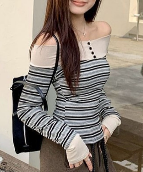 Vipoa（ヴィポア）の「オフショルダーボーダーカットソー（Tシャツ/カットソー・レディース・レッド/ベージュ・FREE）」の10枚目の写真
