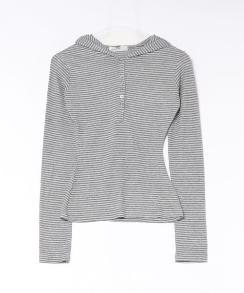 Never mind the XU / Chikashitsu+(ネバーマインド ザ エックスユー / チカシツプラス)の「【nmtc+】border tight hoodie / 【エヌエムティーシープラス】ボーダータイトフーディフード付き長袖Tシャツ(Tシャツ/カットソー・レディース・グレー/ブラック・ONE SIZE)」の8枚目の写真