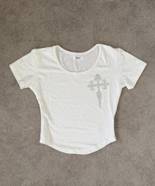 lilful（リルフル）の「【26年春夏新作】ラインストーンUネックスリム半袖Tシャツ（Tシャツ/カットソー・レディース・ブラック/ホワイト・M/S）」の16枚目の写真