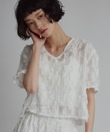 【W:Huku / コットンフリンジジャガード】Vネック 半袖 トップス ハーフスリーブ / Cotton Fringe Jacquard V-Neck Top