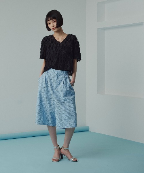 W:Huku(フーク)の「【W:Huku / コットンフリンジジャガード】Vネック 半袖 トップス ハーフスリーブ / Cotton Fringe Jacquard V-Neck Top(シャツ/ブラウス・レディース・イエロー系その他/ブラック/ホワイト・FREE)」の14枚目の写真