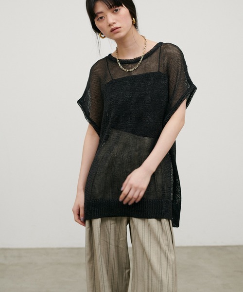 LARUTA（ラルータ）の「【LARUTA】ギマ糸メッシュフレンチスリーブプルオーバー（ニット/セーター・レディース・ブラック/ベージュ/ミント/ライトベージュ・FREE）」の6枚目の写真