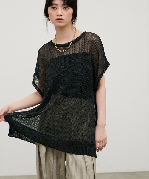 LARUTA（ラルータ）の「【LARUTA】ギマ糸メッシュフレンチスリーブプルオーバー（ニット/セーター・レディース・ブラック/ベージュ/ミント/ライトベージュ・FREE）」の5枚目の写真