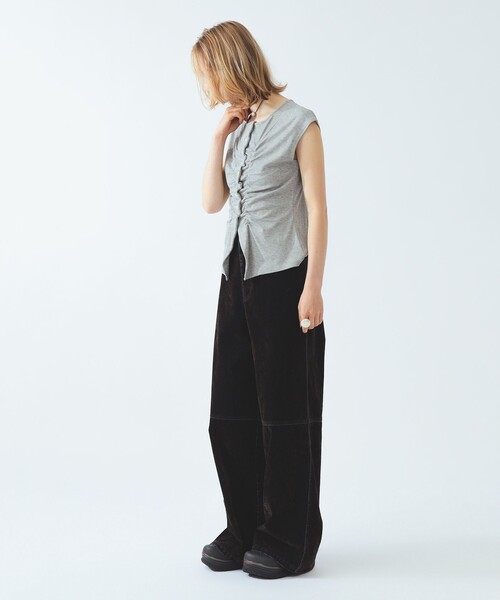 Ray BEAMS(レイビームス)の「リブ フロントギャザー フレンチスリーブ(Tシャツ/カットソー・レディース・グリーン系その他2/ブラック/シルバー・ONE SIZE)」の5枚目の写真