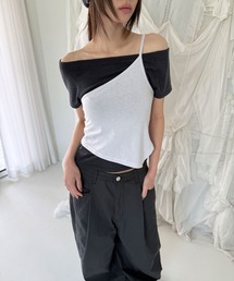 配色 アシンメトリー キャミソール クロップド 半袖 Tシャツ 2ピースセット