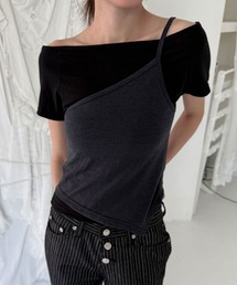 配色 アシンメトリー キャミソール クロップド 半袖 Tシャツ 2ピースセット