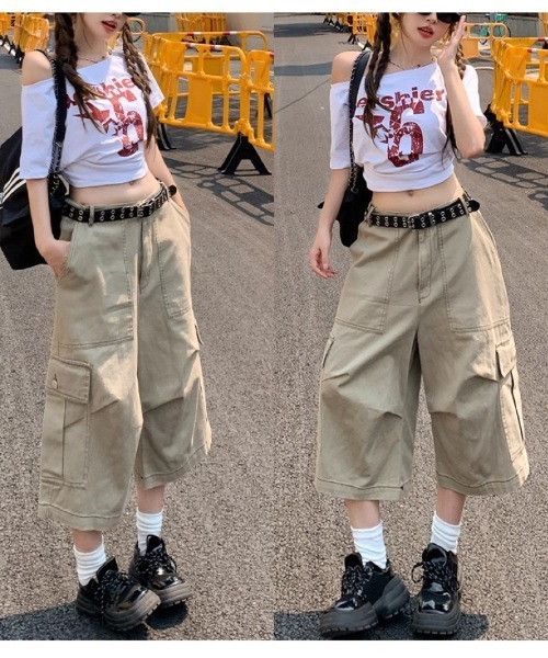 Ritzy(リッツィー)の「カーゴハーフパンツ ルーズ 7 分丈デザイン(カーゴパンツ・レディース・カーキ・M)」の4枚目の写真