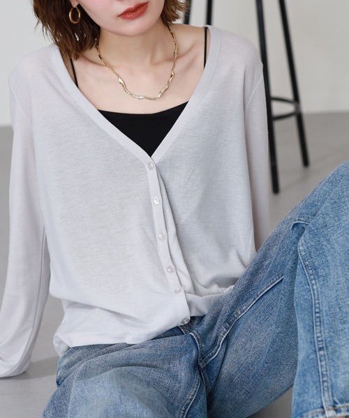 atONE(アットワン)の「UVカット 紫外線防止 梨地Vネックカーディガン 長袖(カーディガン/ボレロ・レディース・ブルー/ネイビー/オフホワイト/ミント/グレー/ブラック・M/L)」の11枚目の写真