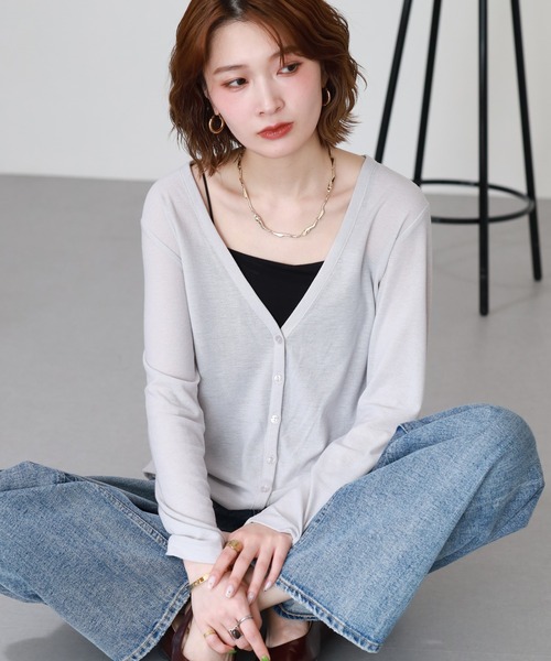atONE(アットワン)の「UVカット 紫外線防止 梨地Vネックカーディガン 長袖(カーディガン/ボレロ・レディース・ブルー/ネイビー/オフホワイト/ミント/グレー/ブラック・M/L)」の12枚目の写真