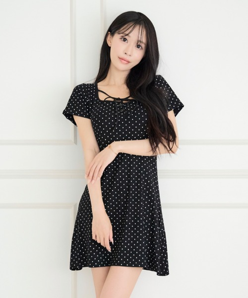 ALLuRing ChaRm(アリュリングチャーム)の「【カップ付き】Round Neck Ribbon Dot Mini Dress / ラウンドネックリボンドットミニワンピース(ワンピース・レディース・ホワイト/ブラック/ネイビー・FREE)」の14枚目の写真
