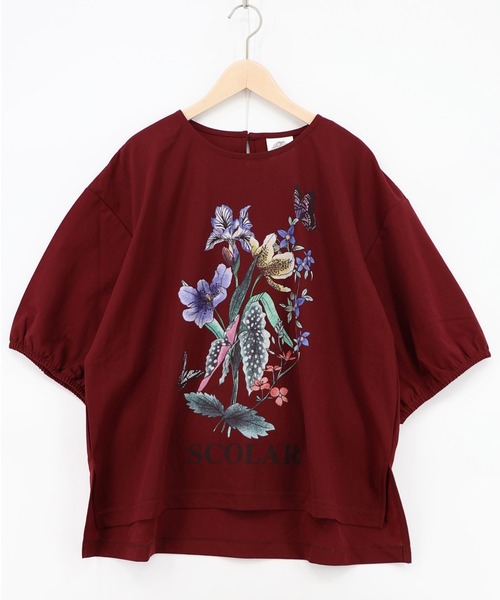 ScoLar(スカラー)の「162703:熱帯花柄 袖ギャザー入りTシャツ(Tシャツ/カットソー・レディース・ブラック/レッド/ブラウン/オフホワイト・M)」の4枚目の写真