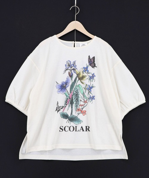 ScoLar(スカラー)の「162703:熱帯花柄 袖ギャザー入りTシャツ(Tシャツ/カットソー・レディース・ブラック/レッド/ブラウン/オフホワイト・M)」の2枚目の写真