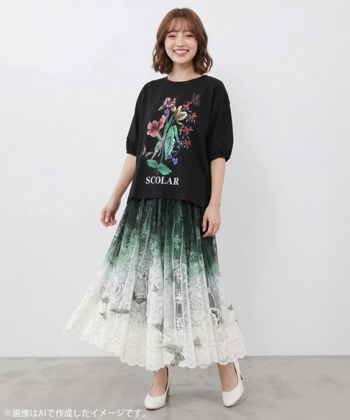 ScoLar(スカラー)の「162703:熱帯花柄 袖ギャザー入りTシャツ(Tシャツ/カットソー・レディース・ブラック/レッド/ブラウン/オフホワイト・M)」の15枚目の写真