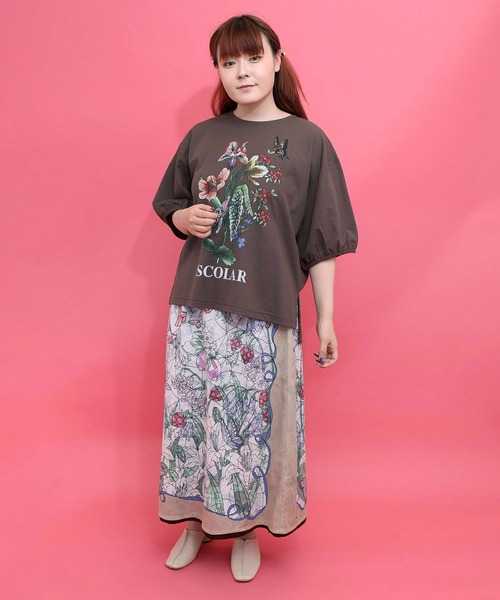 ScoLar(スカラー)の「162703:熱帯花柄 袖ギャザー入りTシャツ(Tシャツ/カットソー・レディース・ブラック/レッド/ブラウン/オフホワイト・M)」の16枚目の写真