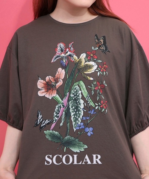 ScoLar(スカラー)の「162703:熱帯花柄 袖ギャザー入りTシャツ(Tシャツ/カットソー・レディース・ブラック/レッド/ブラウン/オフホワイト・M)」の19枚目の写真