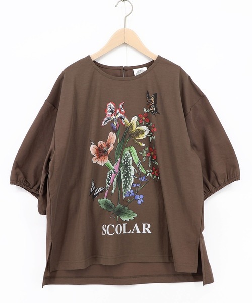 ScoLar(スカラー)の「162703:熱帯花柄 袖ギャザー入りTシャツ(Tシャツ/カットソー・レディース・ブラック/レッド/ブラウン/オフホワイト・M)」の8枚目の写真